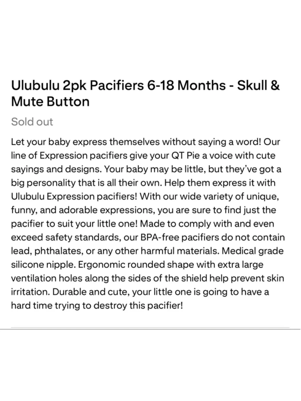 NWT Ulubulu Expressions 2pk Pacifiers 6-18 Months - Skull & Mute Button
